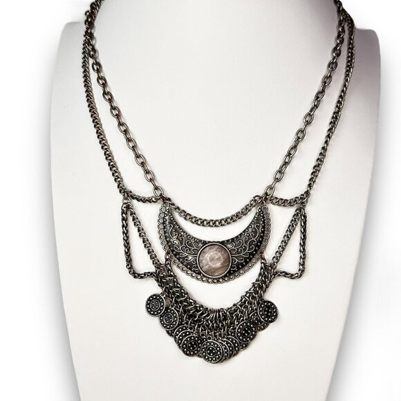 Vintage Bohemian Statement Necklace Intricate Coin Detailing Marbled Cabochon - Picture 1 of 12